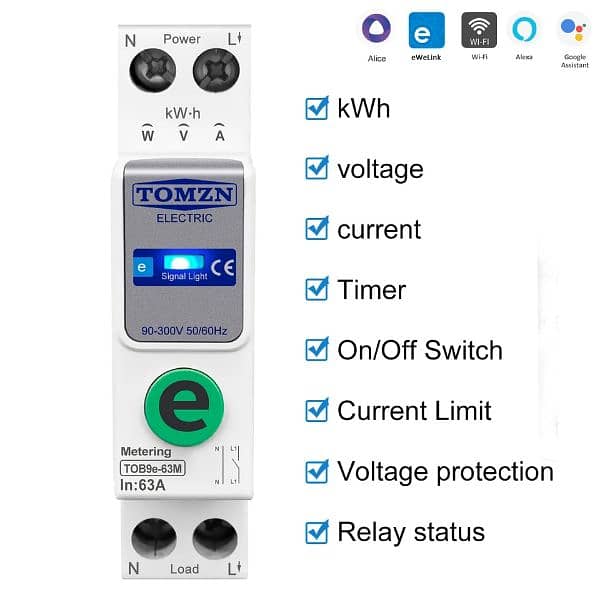 TOMZN 1P+N 63A 220V WIFI Smart Switch Energy Meter Kwh Metering 1