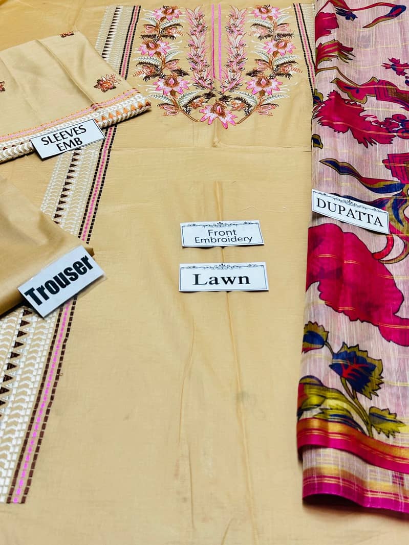 Unstitched Lawn Suits|Summer fancy 3pc Embroidered Lawn Dress 3