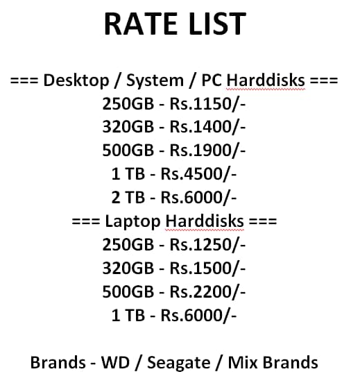 Laptop & Desktop Harddisk HDD 250gb 320gb 500gb 1tb 2tb WD Seagate 4