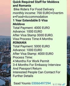 Romania Visa, Moldova Visa, Work Visa, Work permit, Delivery Boy
