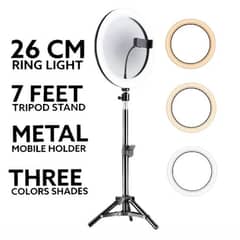 "26cm Ring Light + Mobile Holder, 7ft Tripod, 3 Light Modes With Box