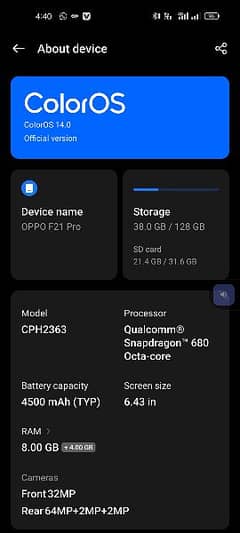 Oppo f21 pro 8+4  128  box   charger condition 10/9