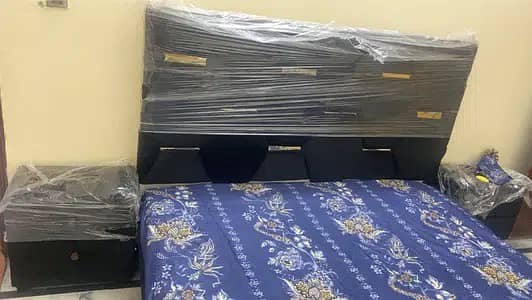 Black Cushioned King Size Bed for Sale with 2 Side Tables 1