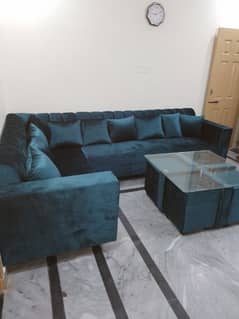 L Type Sofa Set With Centre Table and Stools
