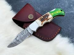 Custom Handmade Damascus Steel pocket knife with leather sheath