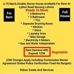 2.75Marla Double Storey House For Rent At Lytton Road Mozang Lahore