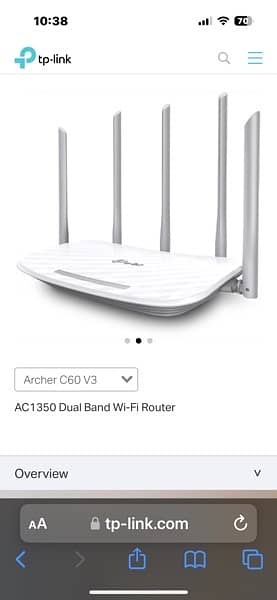 TP Link AC 1350 WiFi Router Dual Band/MU-MIMO Archer C60 0