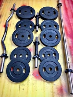 Home gym setup / dumbbell rods / plates / rubber coated plates