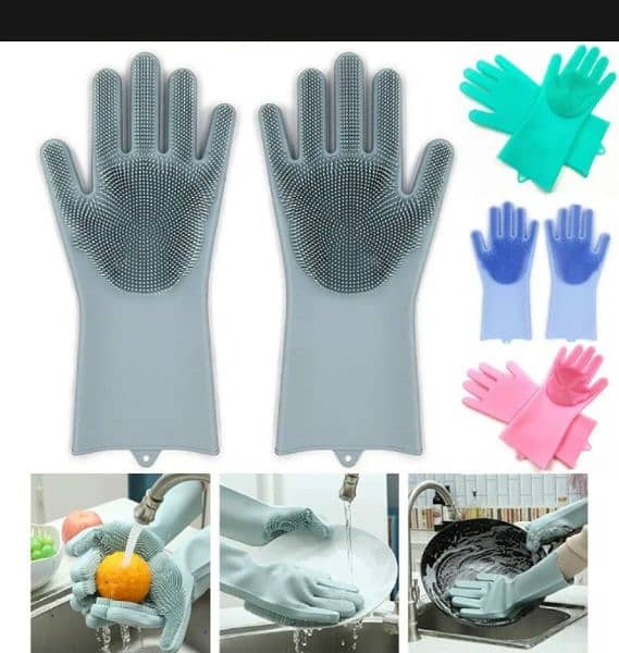 magic Reusable  silicone Gloves with wash scrubber , for cleaning 1