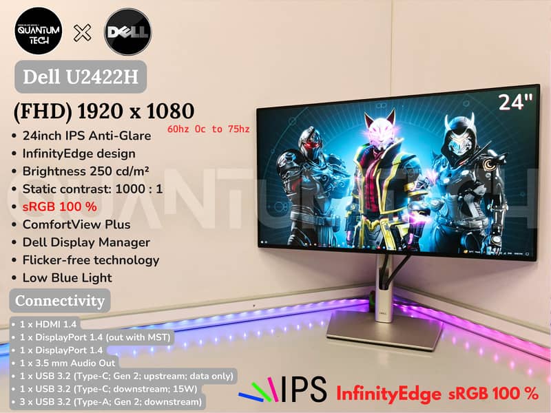 24inch Dell U2422h sRGB 100% 24 inch Borderless Gaming LED Monitor ps5 0