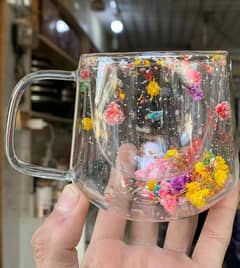 Artificial flower resin design double glass mug