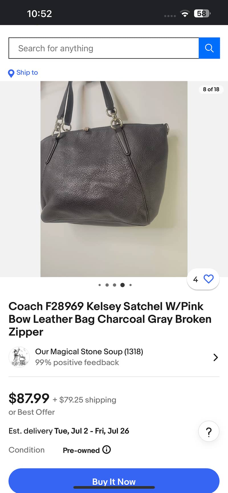 Coach leather bag,charcoal grey 3