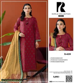 3 Pcs Women's Unstitched Khaddar Printed Suit 0
