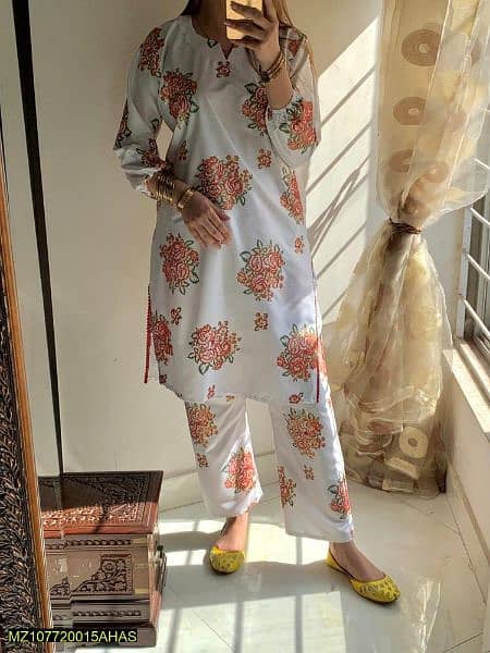 2pcs women stitched linen printed shirt and trouser 2