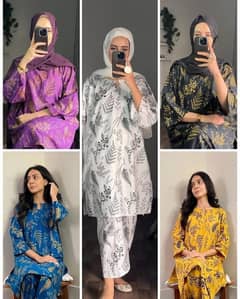 2 Pcs Women’s Stitched Petal Print Linen Casual Wear For Women