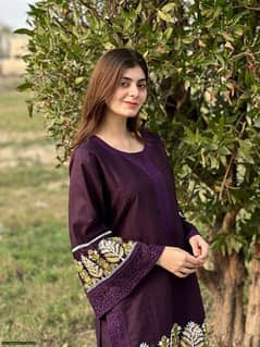 2 Pcs Women's stitched cotton Embroidered shirt and trouser 0