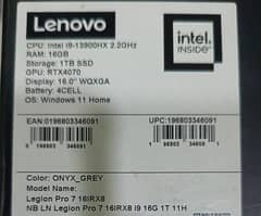 Lenovo Legion 7 Pro (16IRX8)  Core i9 13th Gen WXQGA 16Gb Ram /01Tb