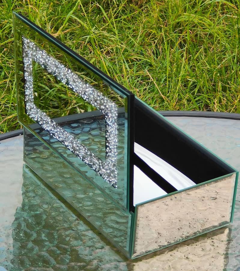 Glass Mirrored Rectangle Jewlery Box Crushed Diamante Modern Silver. 1