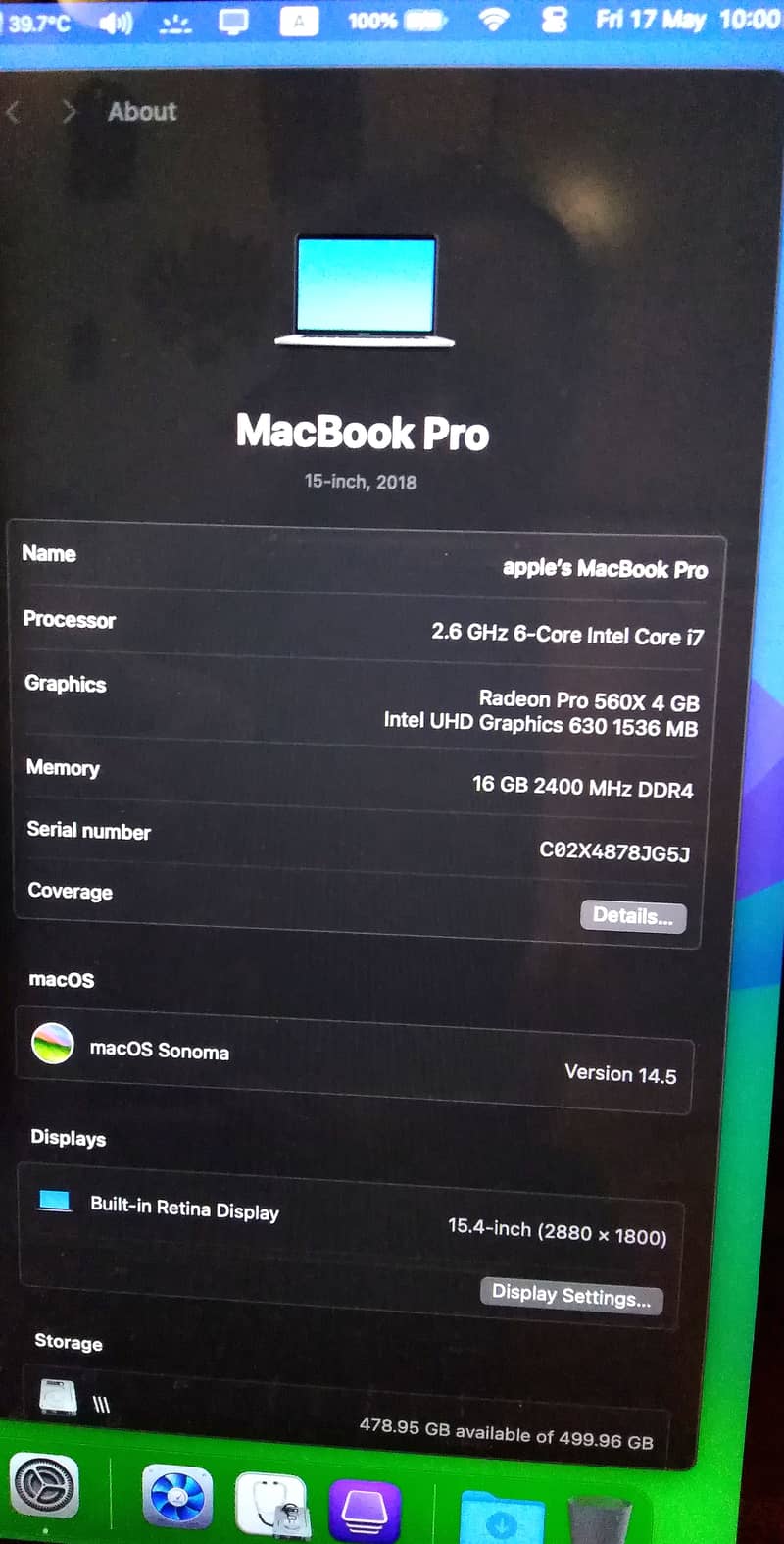 Macbook Pro 15 inch 2018 16gb/512gb Model A1990 1.5gb/4gb Graphic Card 1