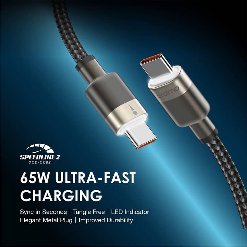 Oraimo 65W USB Type C to C Nylon Braided Fast Charging Cable with LED 1