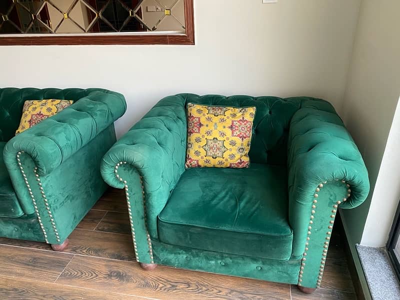 Green Velvet Sofa Set Good Condition (3+2+1 Seater) 2