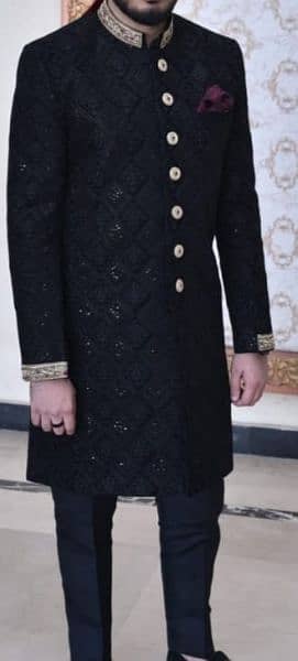 Black Velvet Sherwani with Khulla and Black Kameez nd Trouser 0