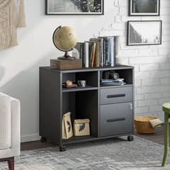 Storage cabinet for multiple purposes uses 2 drawers and open shelves.