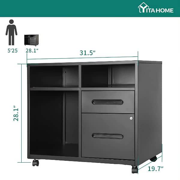 Storage cabinet for multiple purposes uses 2 drawers and open shelves. 2