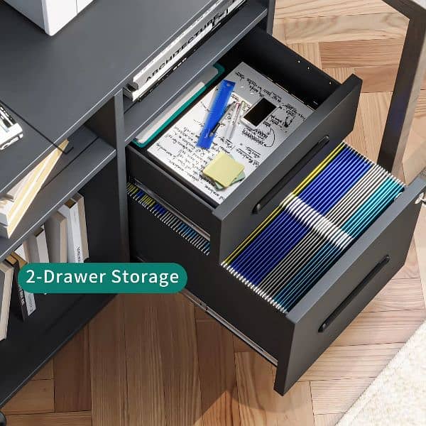 Storage cabinet for multiple purposes uses 2 drawers and open shelves. 4