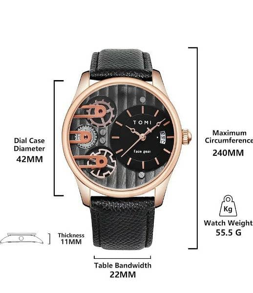 TOMI T-106 Face Gear Dual leather Strap Luxury Watch 4