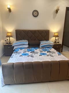 Queen size bed with side tables  in brown velvet colting