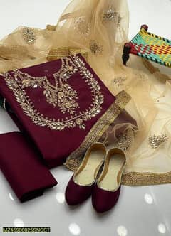 *: 3 Pcs Women's Unstitched Katan Silk Embroidered Suit