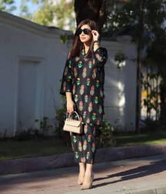 2 Pcs Women's Stitched Linen Block Printed Suit Only Deliverd At Home 0