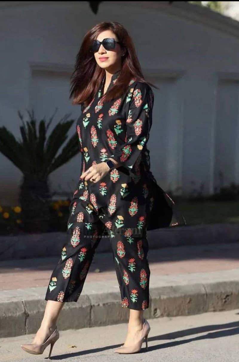 2 Pcs Women's Stitched Linen Block Printed Suit Only Deliverd At Home 1