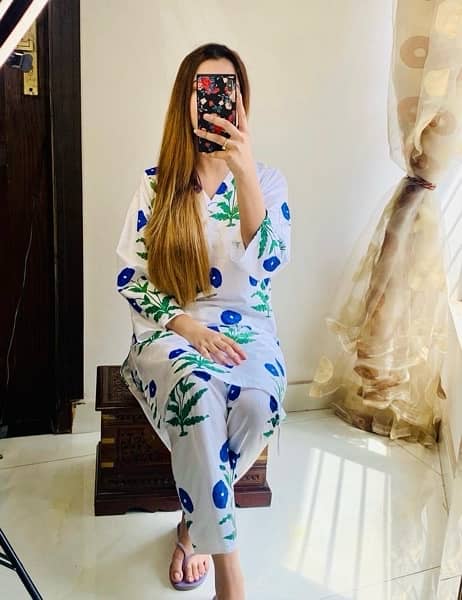 2 Pcs Women’s Stitched Linen Printed Shirt And Trouser 0