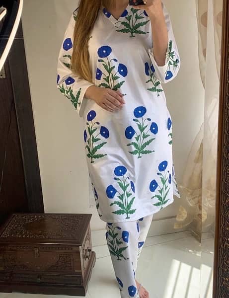 2 Pcs Women’s Stitched Linen Printed Shirt And Trouser 6