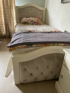 Modern Single Bed + 1 Side Table | Fabric and Wood | White