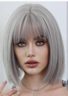 7JHH WIGS Short Straight Wig with Bangs 12in Short Natural Grey Blonde