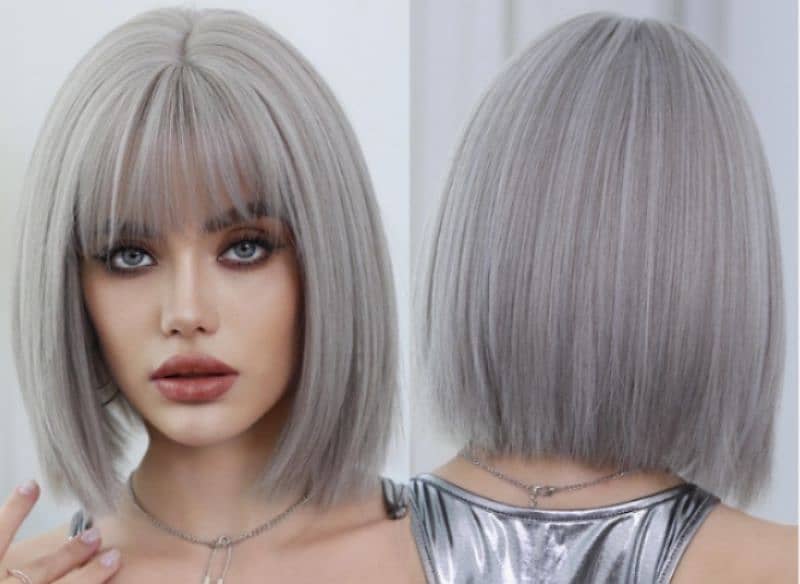 7JHH WIGS Short Straight Wig with Bangs 12in Short Natural Grey Blonde 1