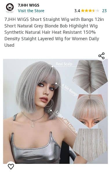 7JHH WIGS Short Straight Wig with Bangs 12in Short Natural Grey Blonde 6