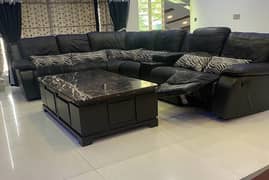 L Shaped black leather sofa and marble table for sale