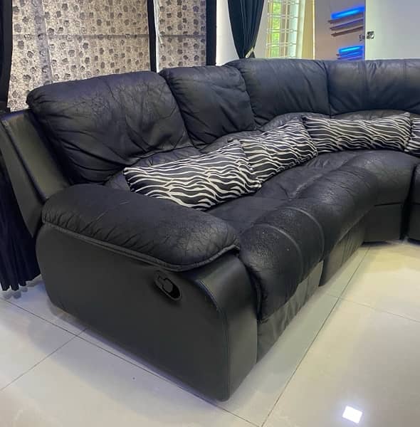 L Shaped black leather sofa and marble table for sale 1