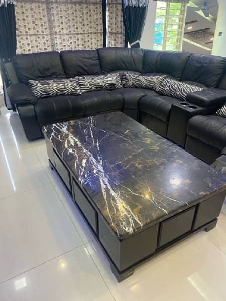 L Shaped black leather sofa and marble table for sale 2