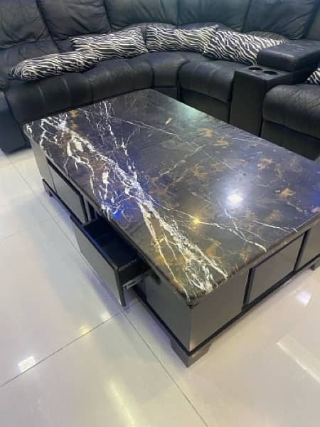 L Shaped black leather sofa and marble table for sale 5