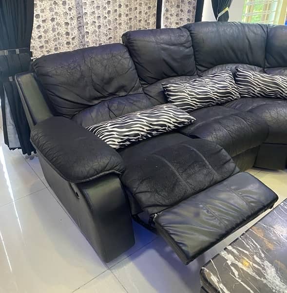 L Shaped black leather sofa and marble table for sale 7