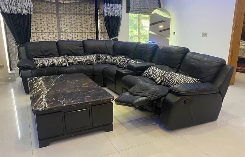 L Shaped black leather sofa and marble table for sale 8