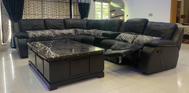 L Shaped black leather sofa and marble table for sale 9