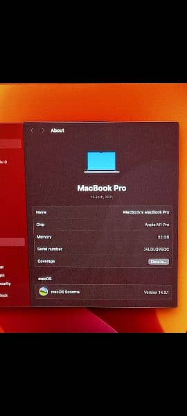 MacBook M1 Pro 2021 32GB 512GB 16" CTO Model A2485 2