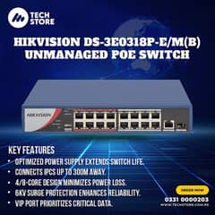 Hikvision DS-3E0318P-E/M(B) 16 Port Fast Ethernet Unmanaged POE Switch