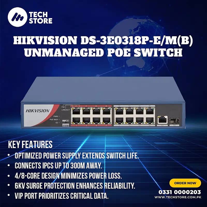 Hikvision DS-3E0318P-E/M(B) 16 Port Fast Ethernet Unmanaged POE Switch 0